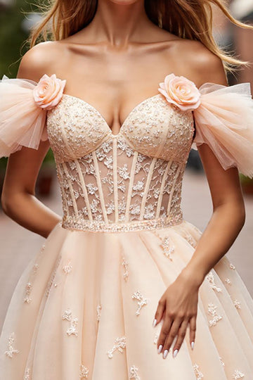 Champagne Off The Shoulder Appliqued Corset Homecoming Dress